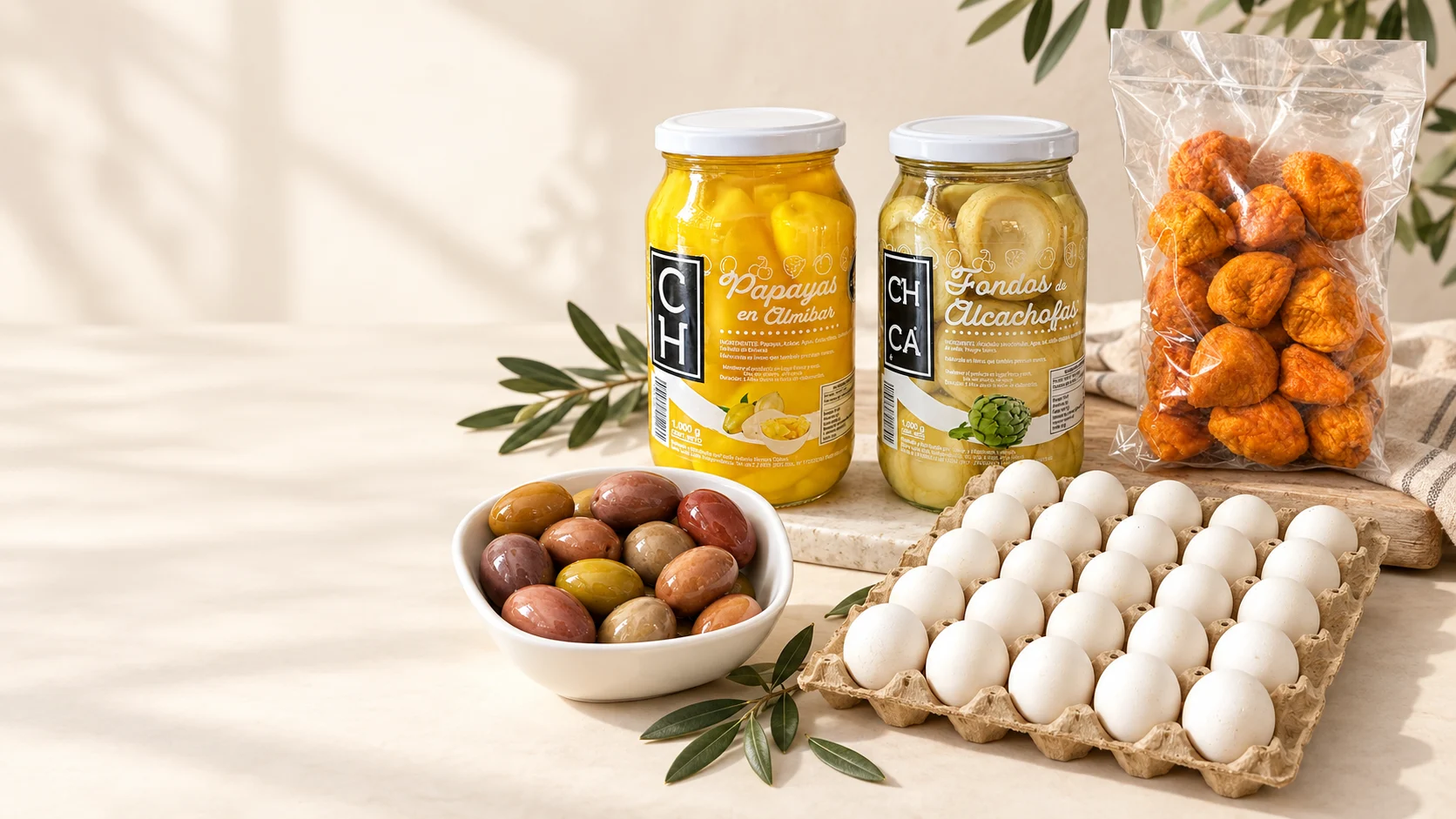 Papayas, fondos de alcachofa, aceitunas, huevos y huesillos de Talo Market